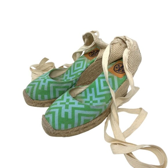 Tory Burch Green Patterned Espadrille Wedge Lace Up Sandals Size 8 Canvas Jute - Picture 4 of 8